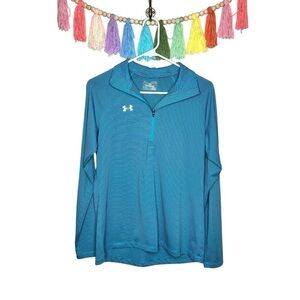 Under Armour Blue Stripe Pullover 1/4 Zip Long Sleeve Loose Coupe Athletic Top